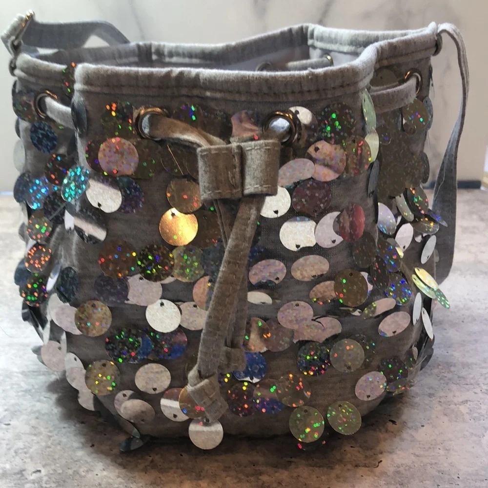 Justice Girls Heather Gray w Silver Sequin Hobo Bag Purse Lined Adjustable Strap